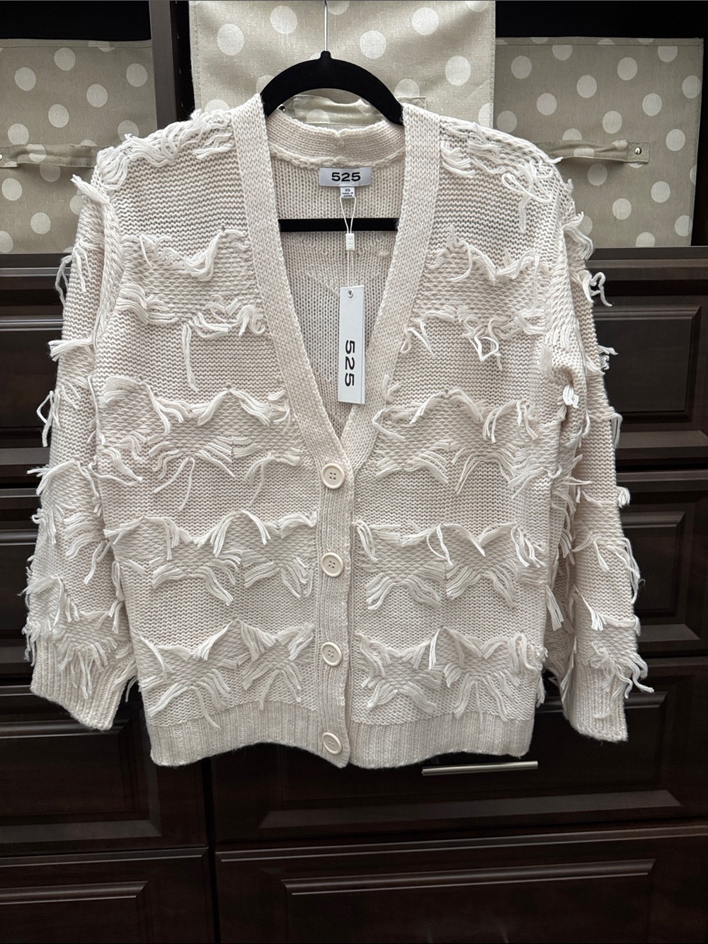 525 America Fringe Detail Cream Button-Front Cardigan